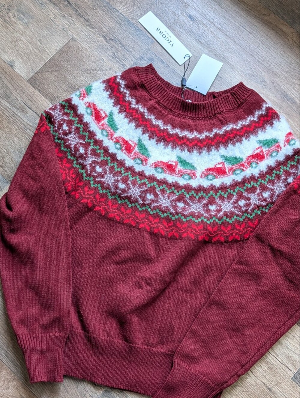 NWT Vigoss Nordstrom Burgundy Fair Isle Christmas Truck Sweater XS Holiday